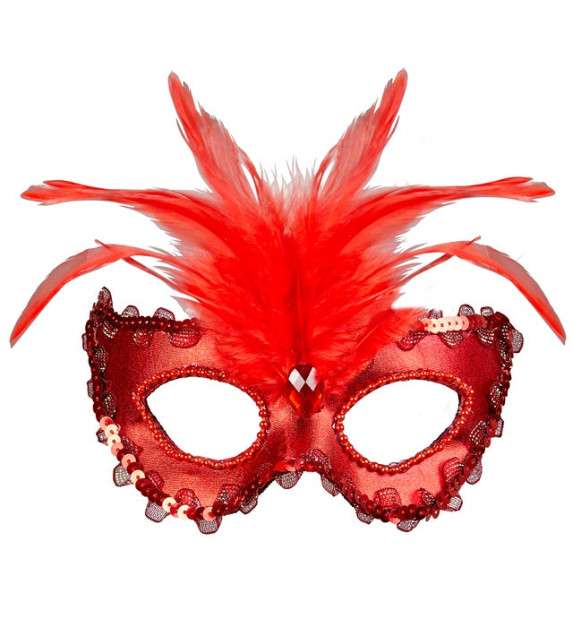 Metallic Red Baroness Eyemask With Gem, Beads & Sequin Trim & Feathers