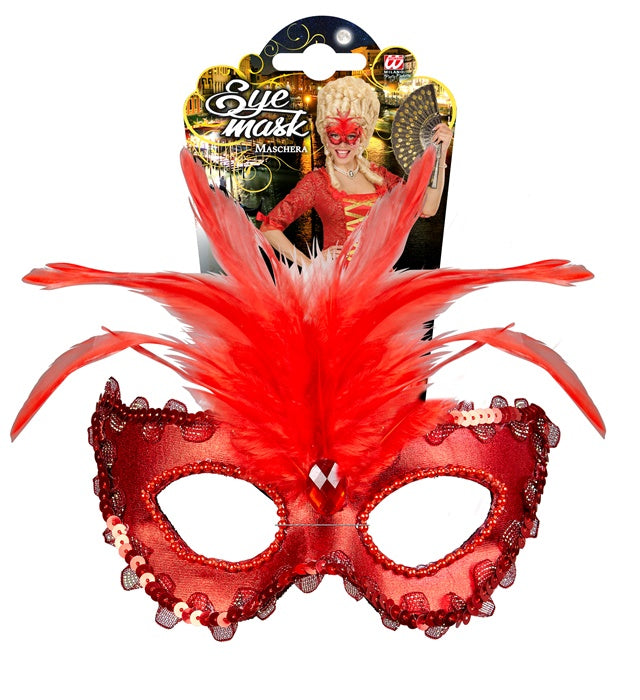 Metallic Red Baroness Eyemask With Gem, Beads & Sequin Trim & Feathers