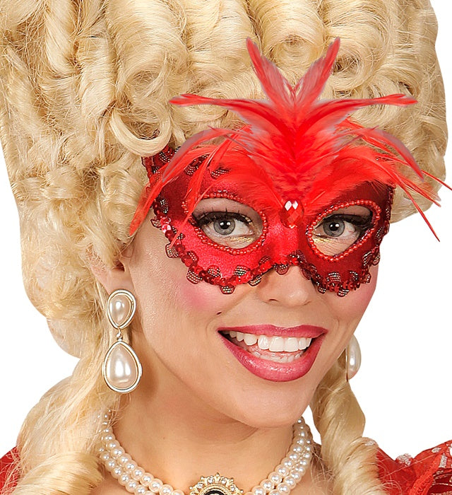 Metallic Red Baroness Eyemask With Gem, Beads & Sequin Trim & Feathers