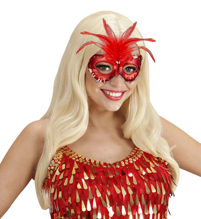 Metallic Red Baroness Eyemask With Gem, Beads & Sequin Trim & Feathers