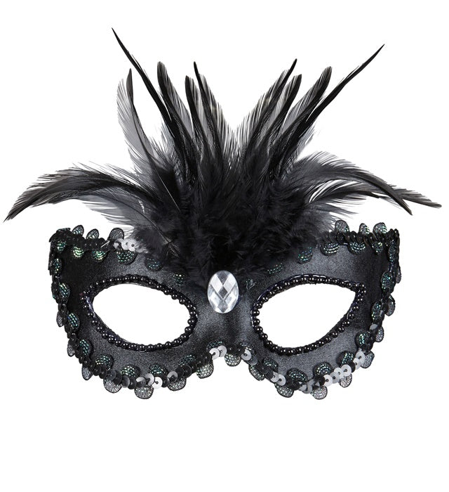 Shiny Black Eyemask With Gem, Beads & Sequin Trim & Feathers