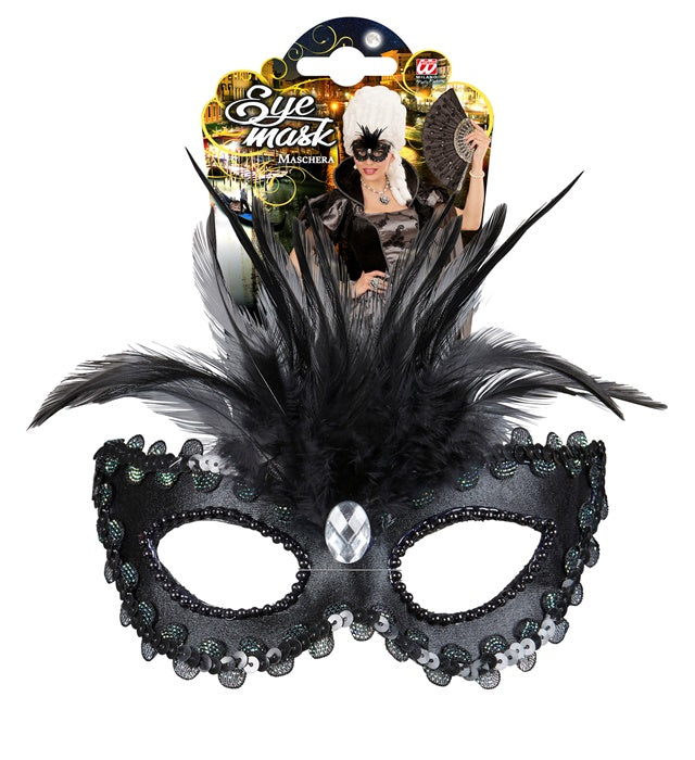 Shiny Black Eyemask With Gem, Beads & Sequin Trim & Feathers