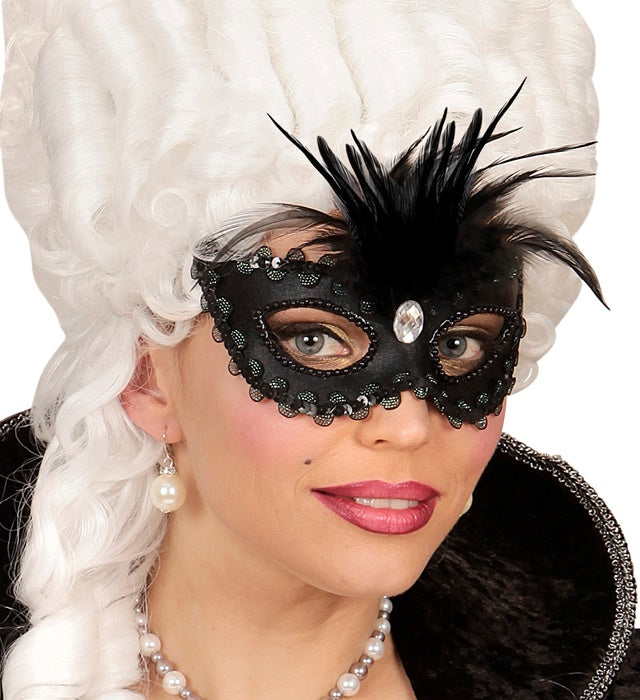 Shiny Black Eyemask With Gem, Beads & Sequin Trim & Feathers