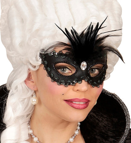 Shiny Black Eyemask With Gem, Beads & Sequin Trim & Feathers