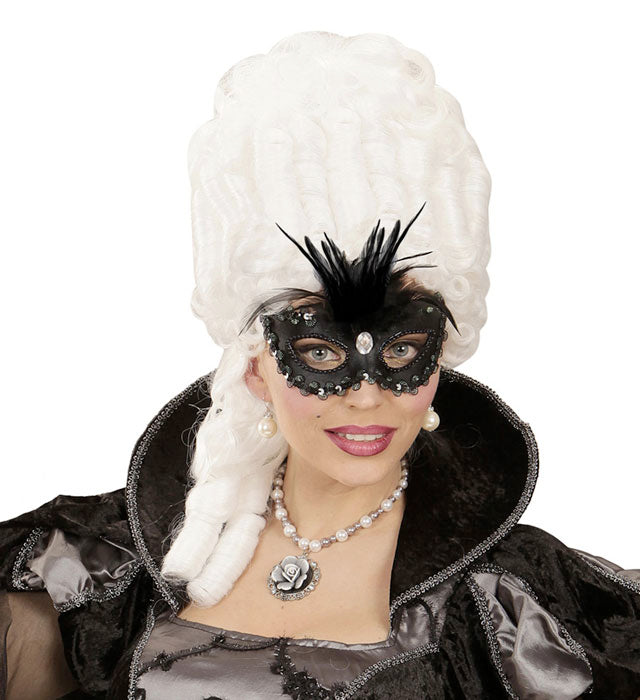Shiny Black Eyemask With Gem, Beads & Sequin Trim & Feathers