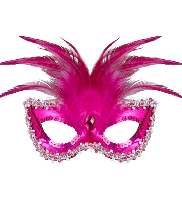 Metallic Pink Baroness Eyemask With Gem, Beads & Sequin Trim & Feathers