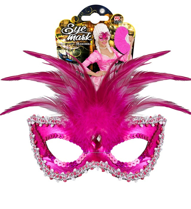 Metallic Pink Baroness Eyemask With Gem, Beads & Sequin Trim & Feathers