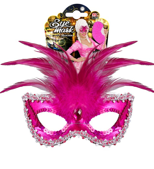 Metallic Pink Baroness Eyemask With Gem, Beads & Sequin Trim & Feathers