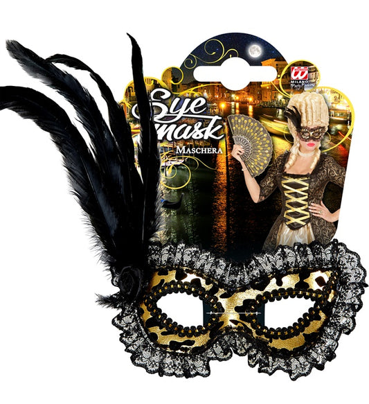 Flocked Gold Eyemask With Lace Trim, Rose & Feathers
