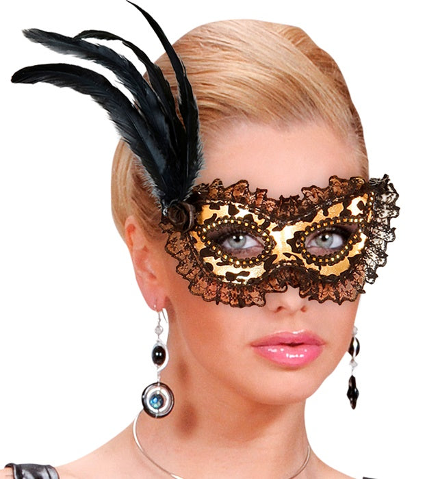 Flocked Gold Eyemask With Lace Trim, Rose & Feathers
