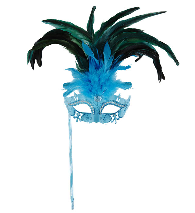 Azure Marquise Eyemask On A Stickdecorated With Strass, Gem & Feathers
