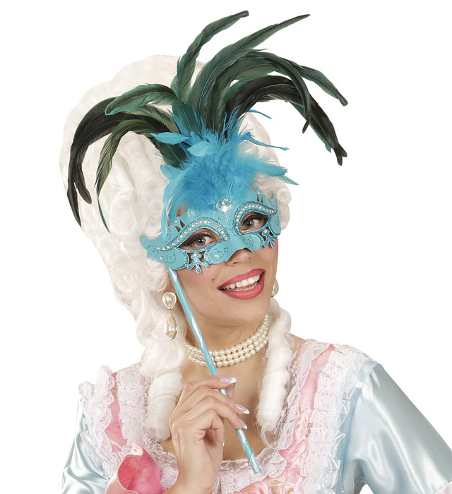 Azure Marquise Eyemask On A Stickdecorated With Strass, Gem & Feathers
