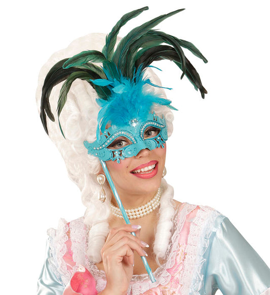 Azure Marquise Eyemask On A Stickdecorated With Strass, Gem & Feathers