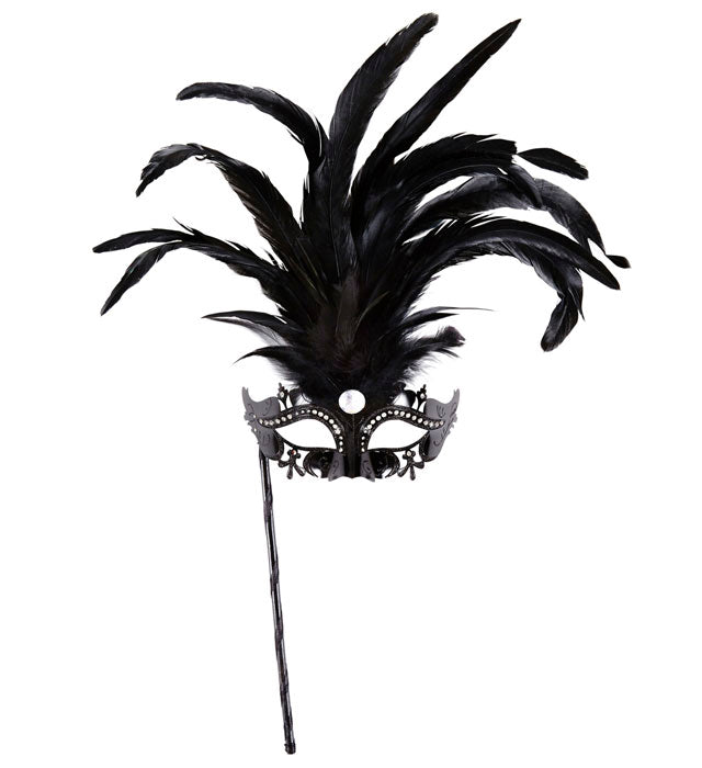 Black Marquise Eyemask On A Stickdecorated With Strass, Gem & Feathers
