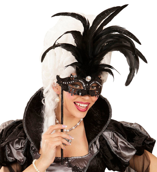 Black Marquise Eyemask On A Stickdecorated With Strass, Gem & Feathers
