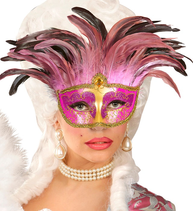 Pink Comtesse Mask Decorated , Gem & Feathers