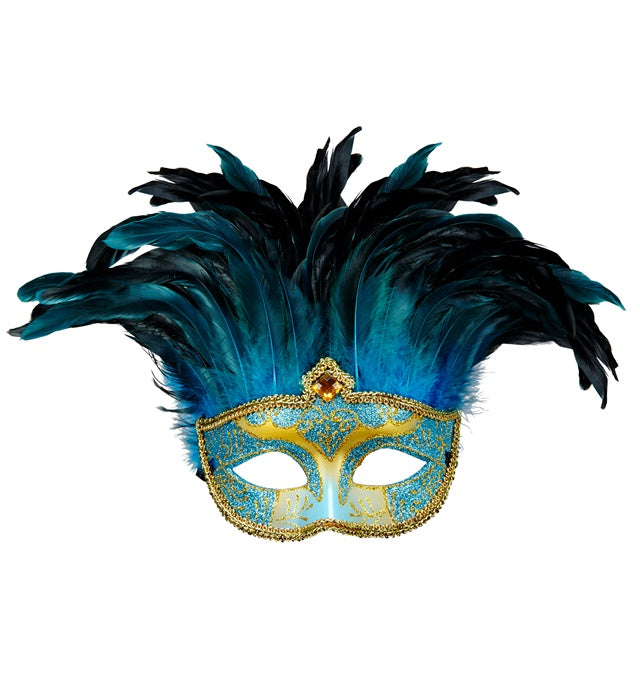 Blue Comtesse Mask Decorated, Gem & Feathers
