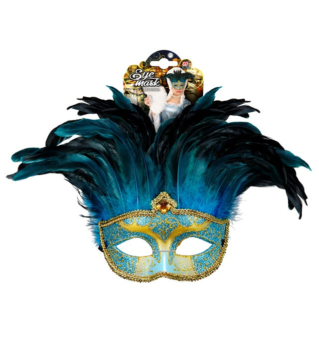 Blue Comtesse Mask Decorated, Gem & Feathers