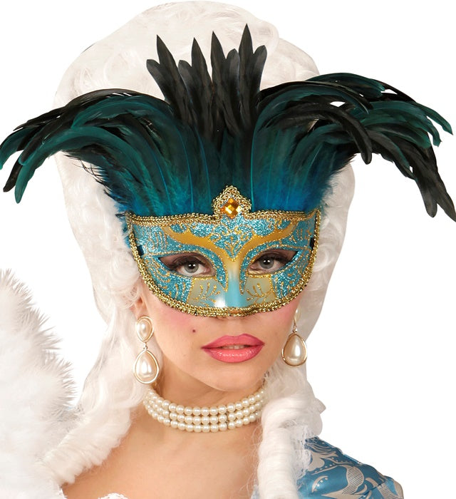 Blue Comtesse Mask Decorated, Gem & Feathers