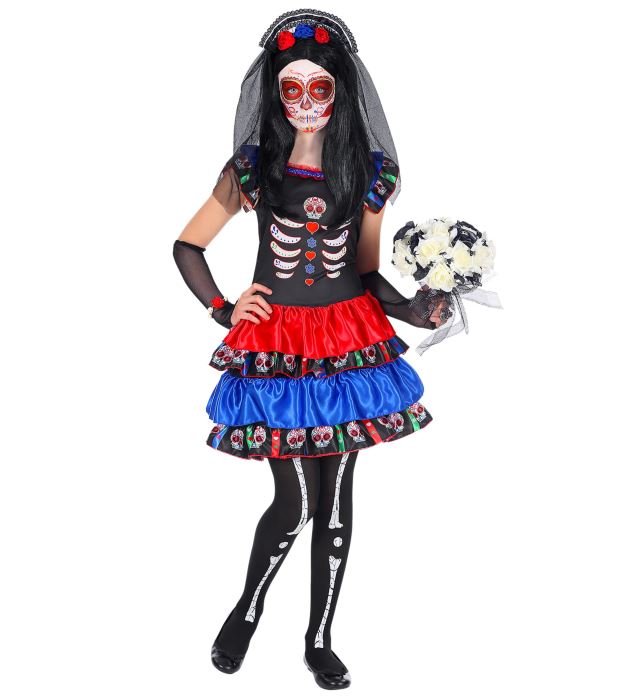 Mujer Dia De Los Muertos  Dress, Arm Warmers, Headpiece With Veil 