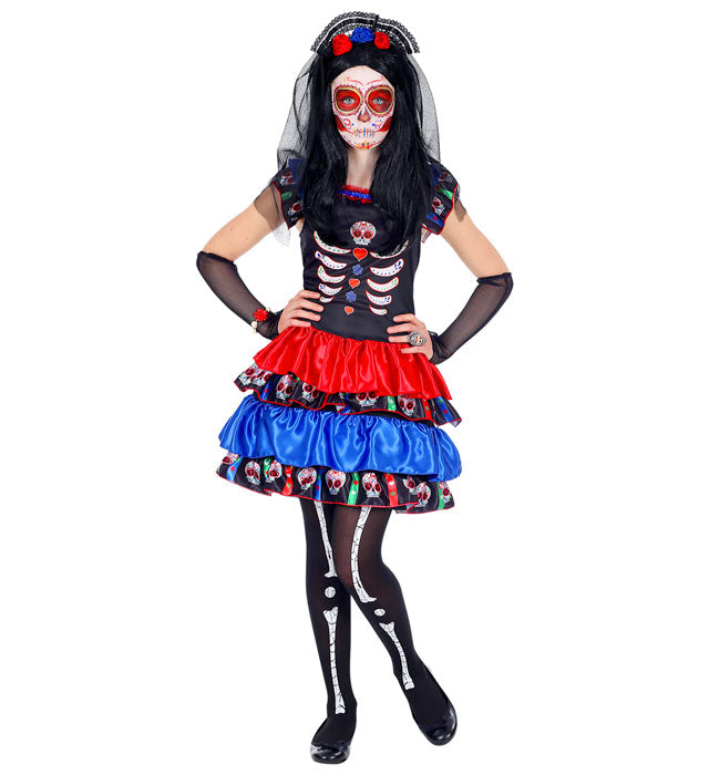 Mujer Dia De Los Muertos  Dress, Arm Warmers, Headpiece With Veil 