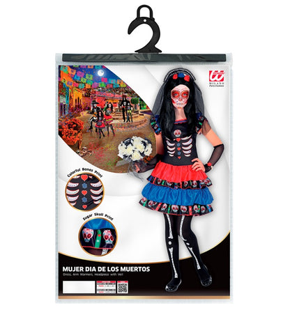 Mujer Dia De Los Muertos  Dress, Arm Warmers, Headpiece With Veil 