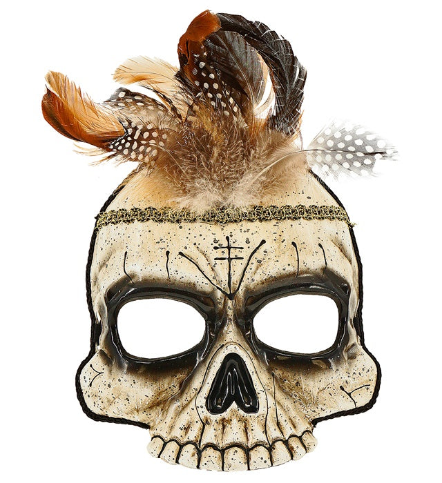 Voodoo Skull Chinless Mask With Feathers Hard Plastic