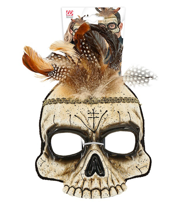 Voodoo Skull Chinless Mask With Feathers Hard Plastic