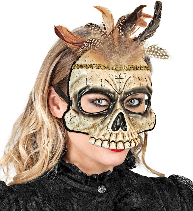Voodoo Skull Chinless Mask With Feathers Hard Plastic