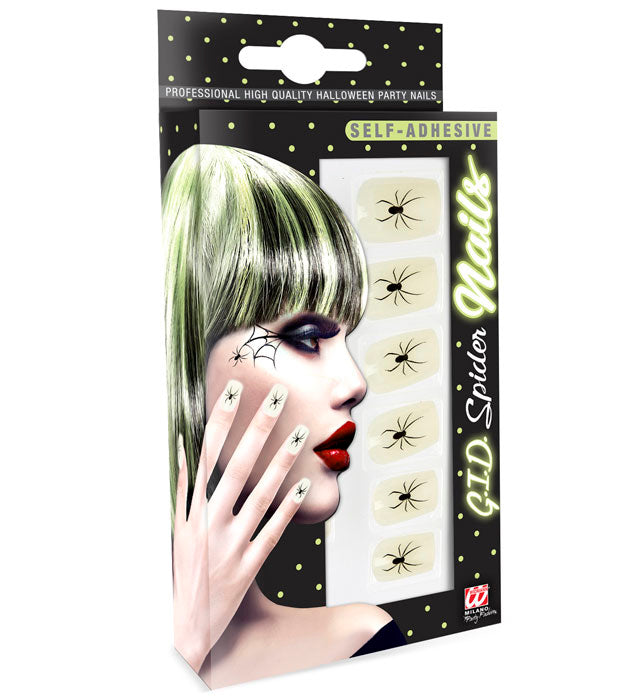 Set Of 12 Self-Adhesive Glow In The Dark Spider Nails