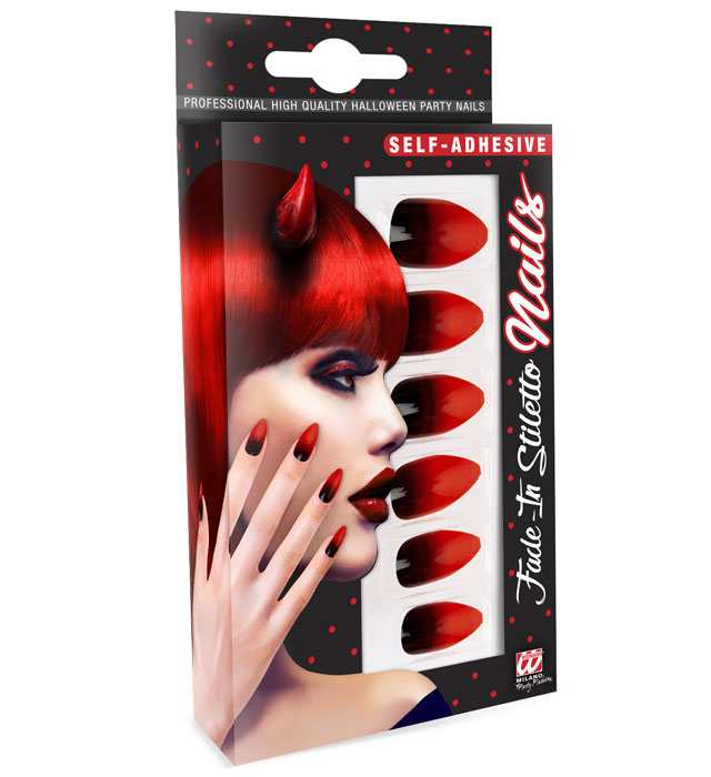 Set Of 12 Self-Adhesive Black Fade-In Red Stiletto Nails