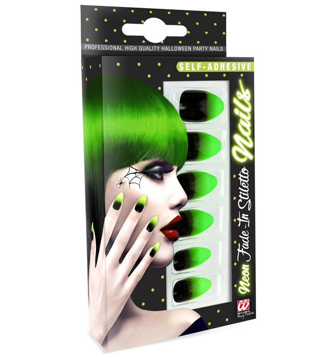 Set Of 12 Self-Adhesive Black Fade-In Neon Green Stiletto Nails
