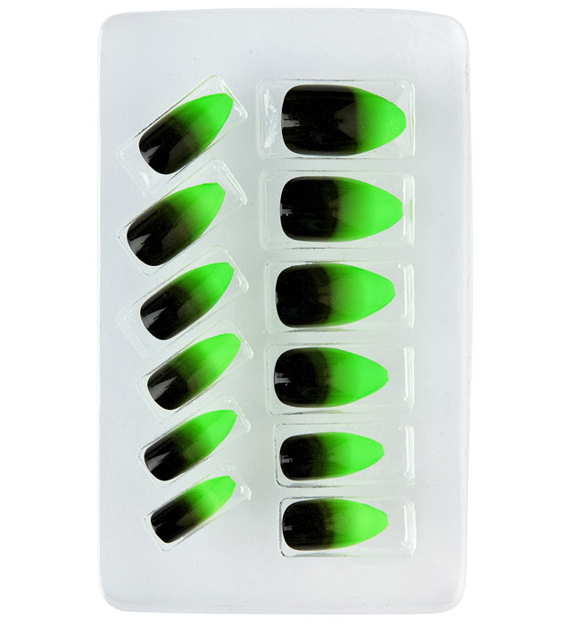 Set Of 12 Self-Adhesive Black Fade-In Neon Green Stiletto Nails