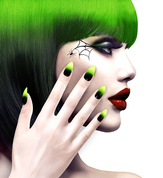 Set Of 12 Self-Adhesive Black Fade-In Neon Green Stiletto Nails
