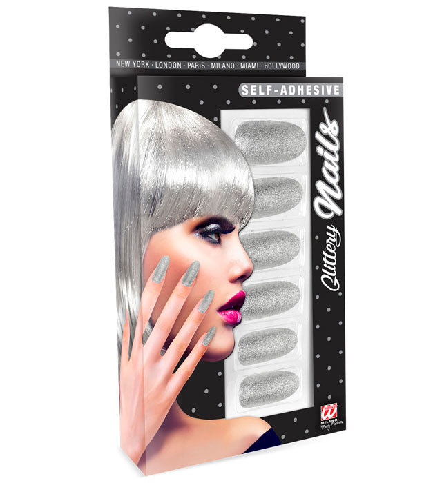 Set Of 12 Self-Adhesive Iridescent Silver Y Nails