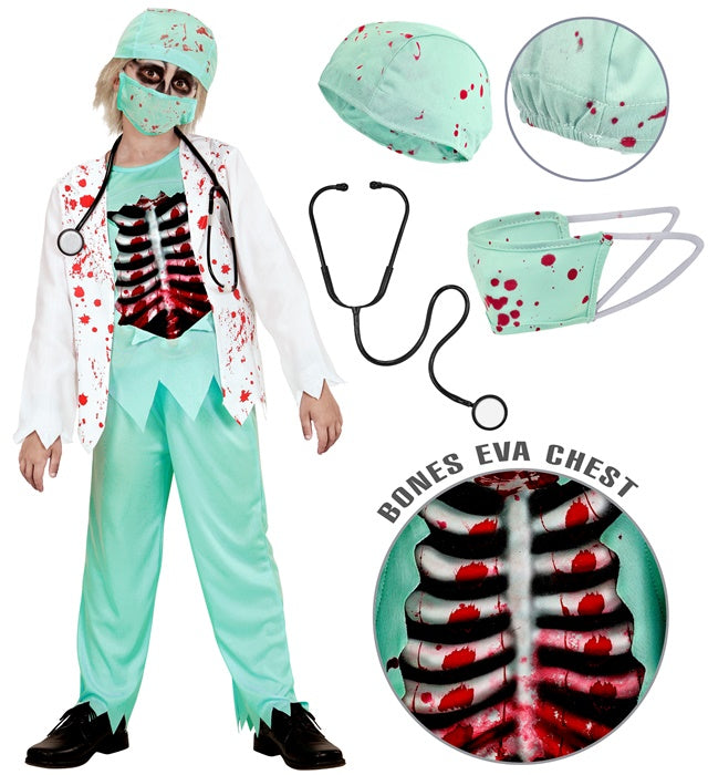 Zombie Doctor  Bloody Jacket With Shirt & Bones Eva Chest, Pants, Hat, Face Mask, Stethoscope 