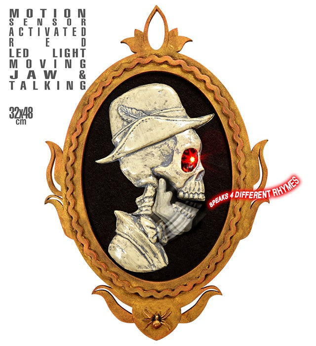 Motion Sensor Activated Red Led Light Blinking Eye With Moving Jaw Animated & Talking Butler'S Skull Painting With Frame 32X48 Cm - Speaks 4 Different Rhymes