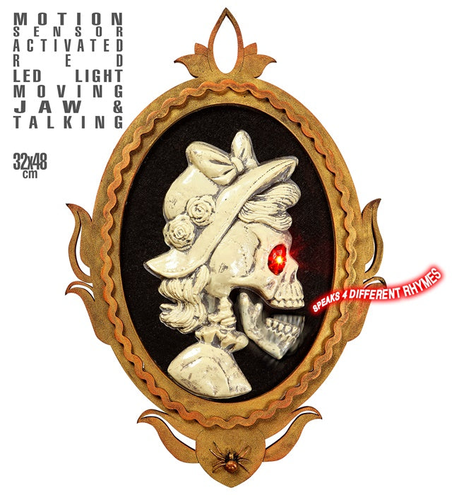 Motion Sensor Activated Red Led Light Blinking Eye & Moving Jaw Animated Milady'S Skull Painting With Frame 32X48 Cm - Speaks 4 Different Rhymes