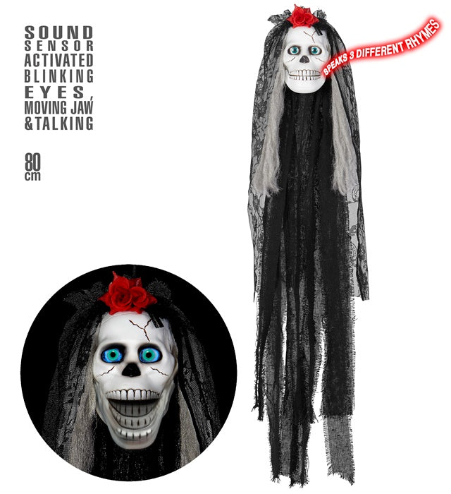 Sound Sensor Activated Blinking Eyes & Moving Jaw Talking Animated Bride'S Skull 80 Cm - Speaks 3 Different Rhymes