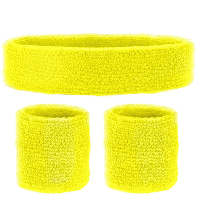 Neon Yellow Sweatbands Set  Headband And 2 Wristbands 