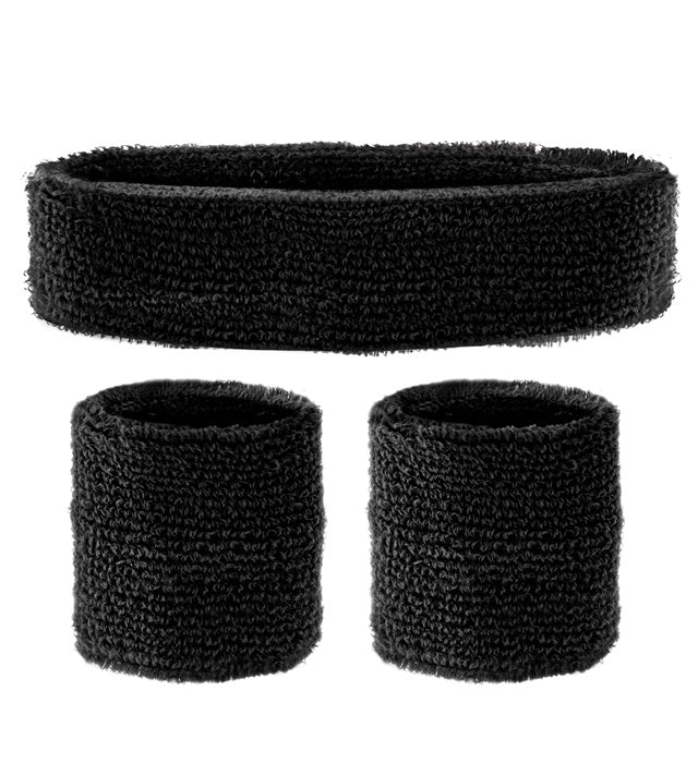 Black Sweatbands Set  Headband And 2 Wristbands 
