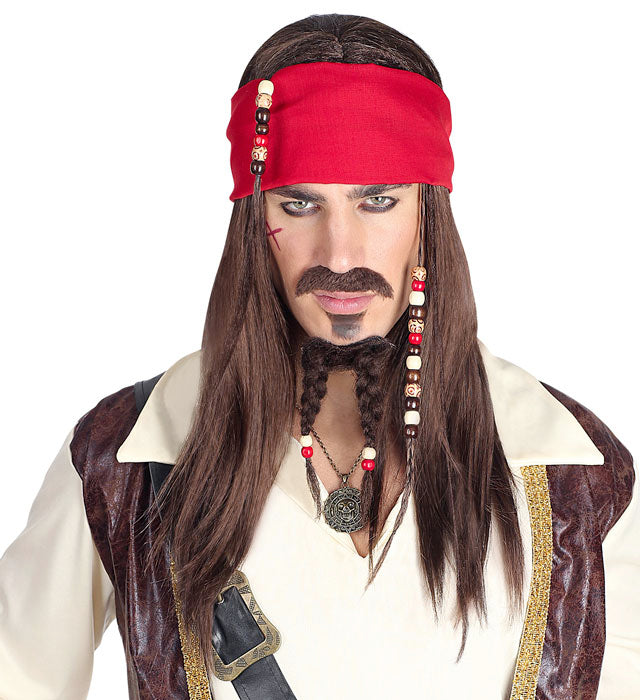 Pirate Of The Caribbean Wig With Bandana, Moustache & Beaded Goatee