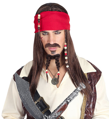 Pirate Of The Caribbean Wig With Bandana, Moustache & Beaded Goatee