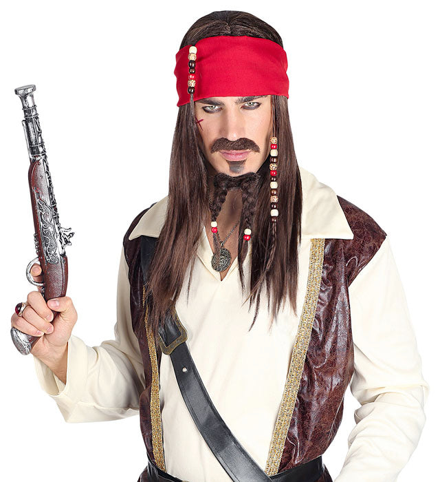 Pirate Of The Caribbean Wig With Bandana, Moustache & Beaded Goatee