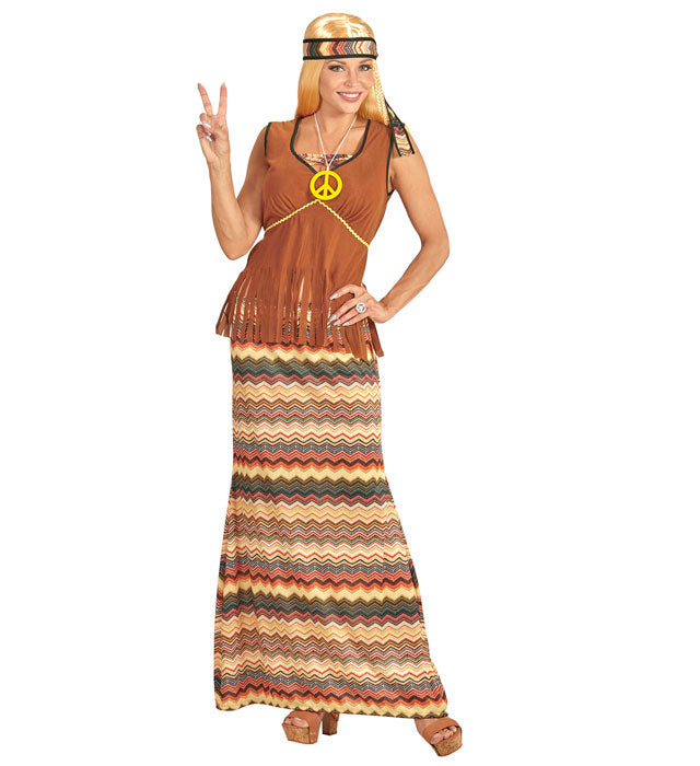 Hippie Woman  Top With Vest, Skirt, Headband, Peace Sign Necklace 
