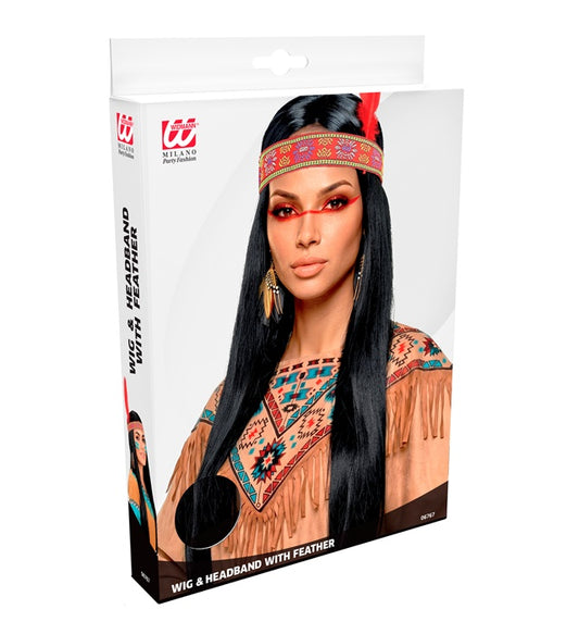 Indian Wig With Headband And Feather In Polybag