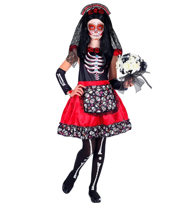 Mujer Dia De Los Muertos  Dress, Arm Warmers, Headpiece With Veil 