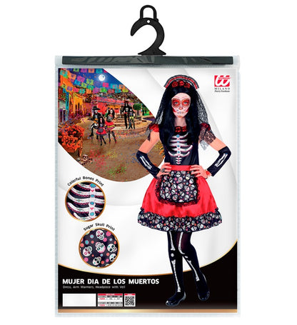 Mujer Dia De Los Muertos  Dress, Arm Warmers, Headpiece With Veil 