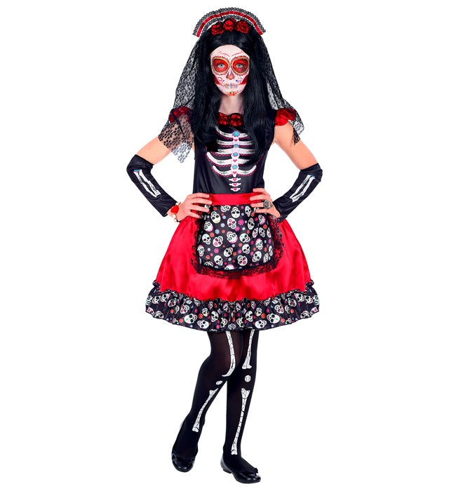 Mujer Dia De Los Muertos  Dress, Arm Warmers, Headpiece With Veil 