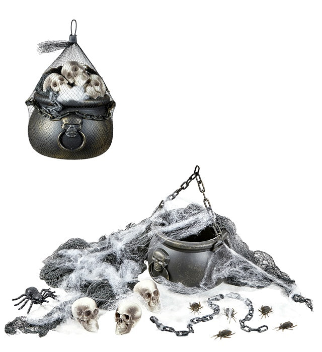 Halloween Decorative Set  Cauldron, 3 Skulls, Spiderweb & Spider, Chain And Freaky Fabric 